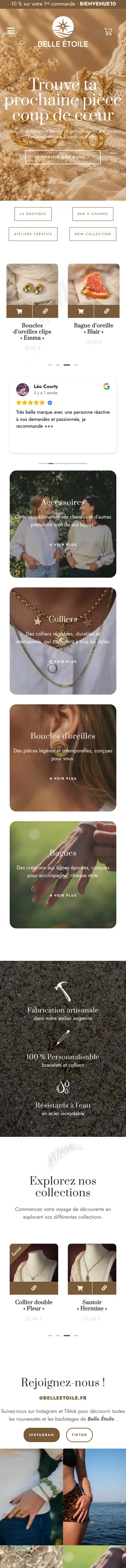 Page d’accueil du site Belle Étoile sur mobile