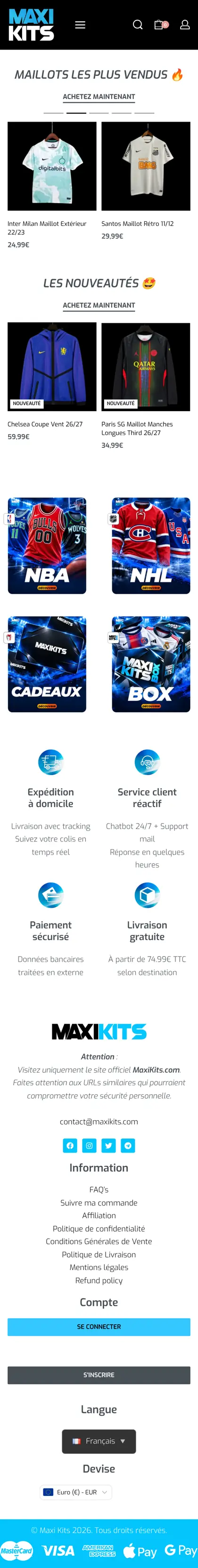 Page d’accueil du site Maxikits sur mobile