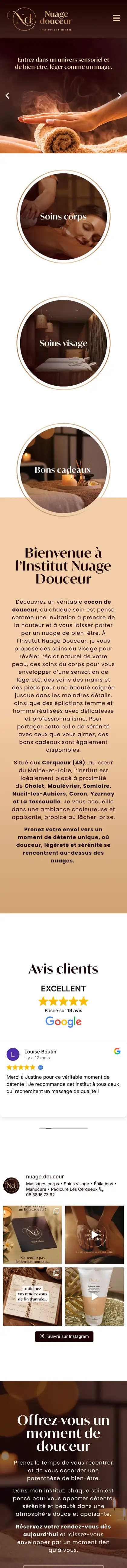 Page d’accueil du site Nuage Douceur sur mobile
